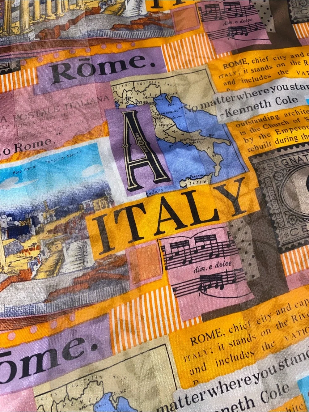Kenneth Cole Italy Print Satin Scarf in Yellow,‎ Blue, Purple, Brown
